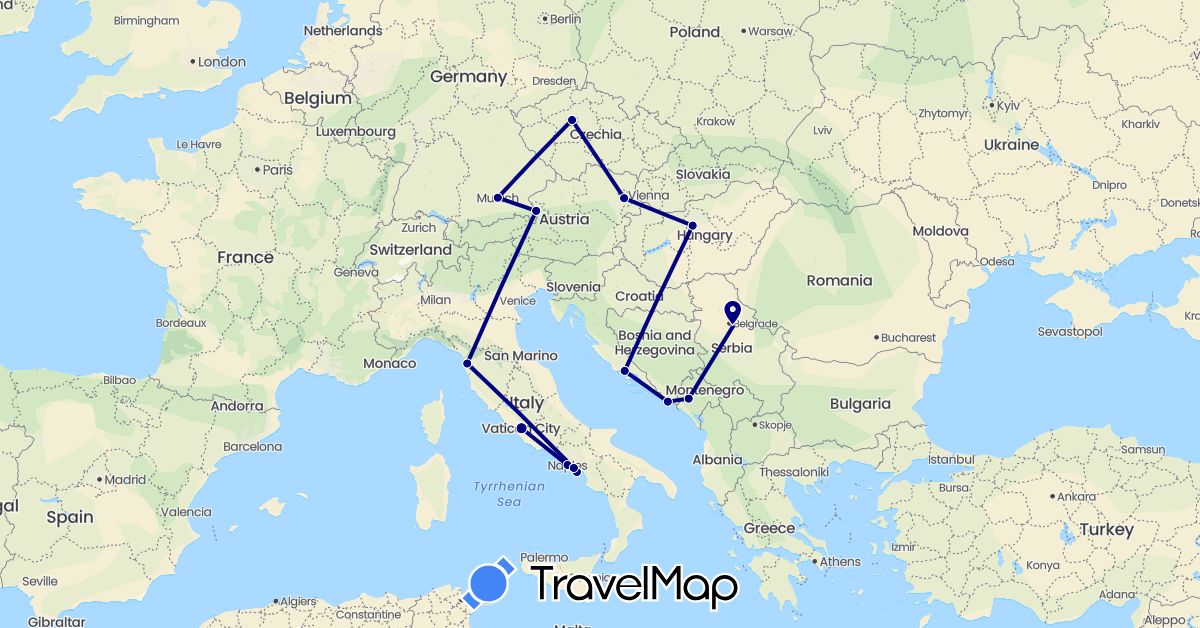 TravelMap itinerary: driving in Austria, Czech Republic, Germany, Croatia, Hungary, Italy, Montenegro, Serbia (Europe)